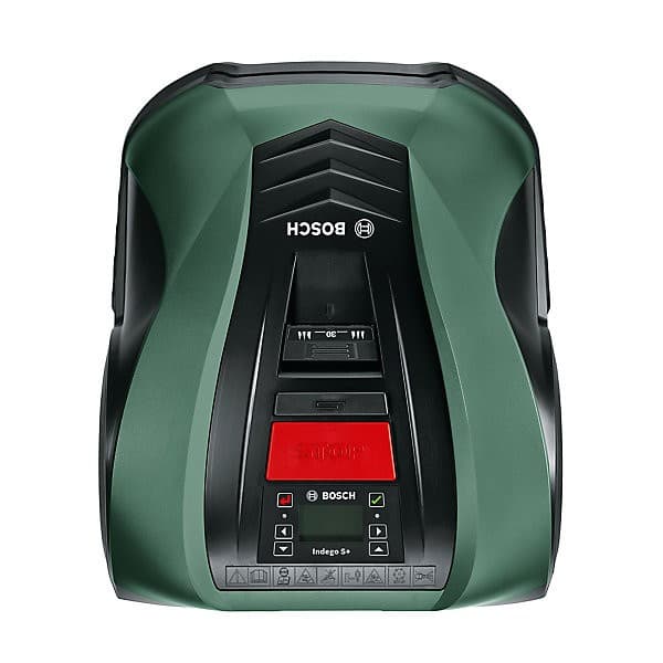 Bosch Indego S+ 500, robot cortacésped verde y negro, vista frontal