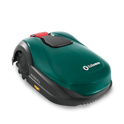 Robomow RK1000, robot cortacésped naranja y gris de perfil bajo